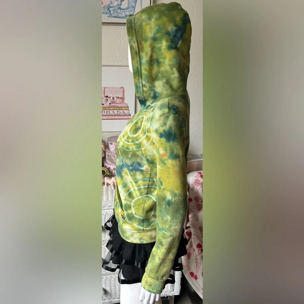 Aviator Nation Junior Kids Zipper Hoodie Tie Dye in Lime Yellow Unisex Size 14